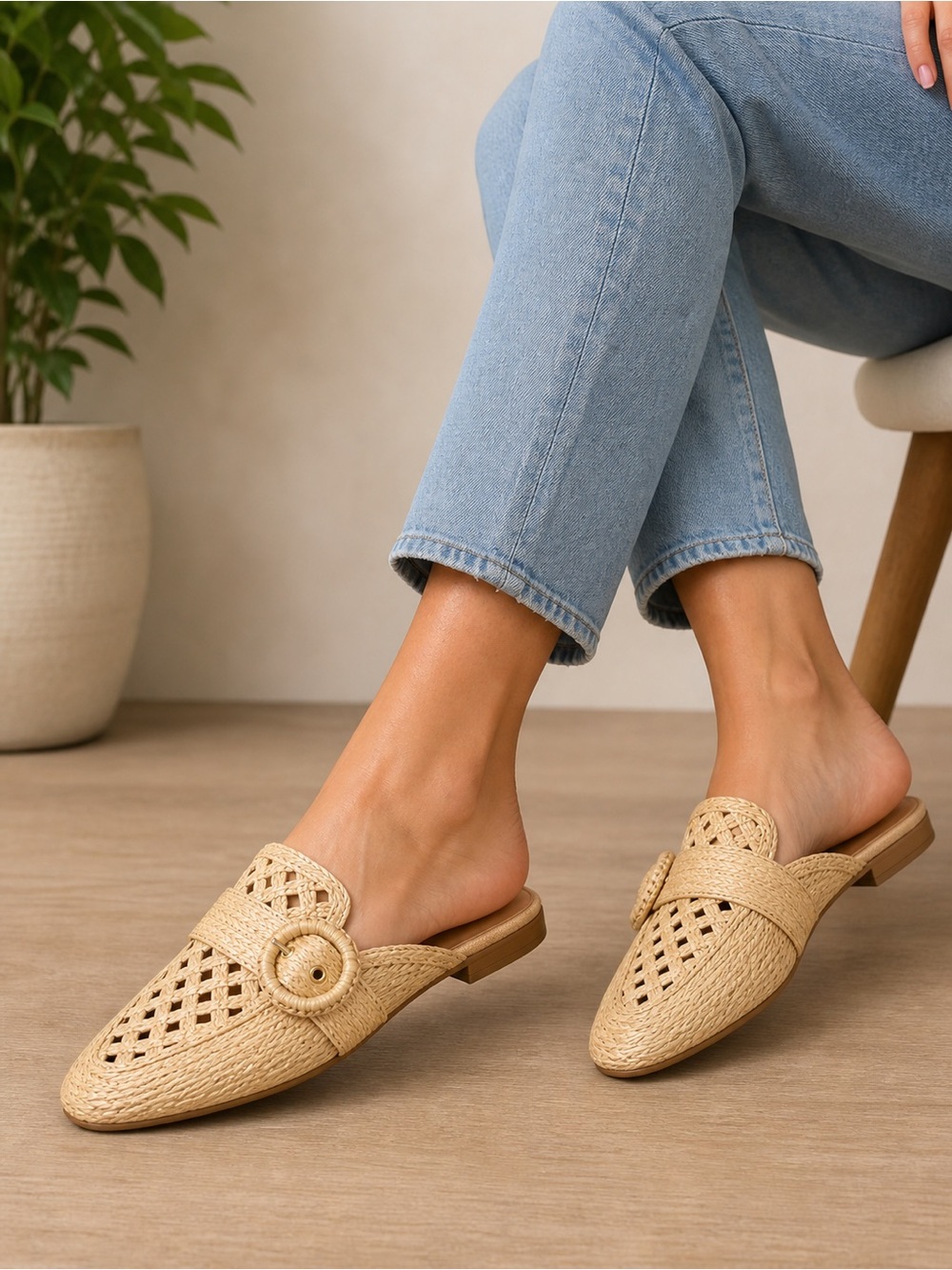 Nine West Woven Raffia Mule Loafers Women’s Size 8.5 Slip On Buckle